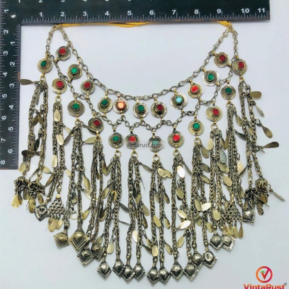 Afghan Kuchi Tribal Necklace, Gypsy Silver Multi-Layered Tassel Statement Jewlry - Picture 5 of 7